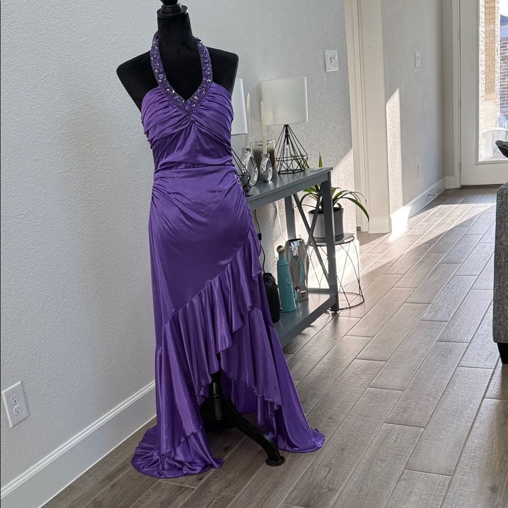 City Triangles Beaded Halter High-Low Dress in Purple